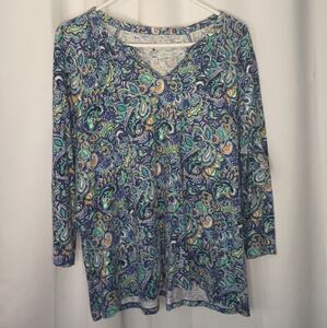 Talbots Womens Split Neck Cotton Top 2X Blue Paisley Artsy Preppy Coastal